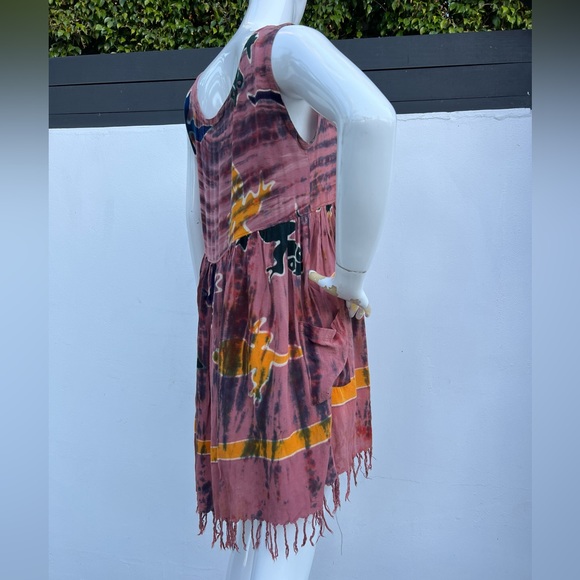 80s/90s Dark Coral Hawaiian Tie Dye Tassel Dress - Picture 6 of 10